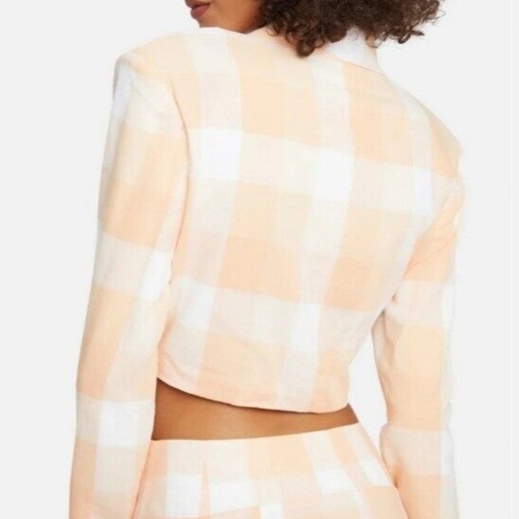 NWT For Love & Lemons Eugenie Linen-Blend Crop Blazer Orange Sherbert Plaid - Picture 3 of 8